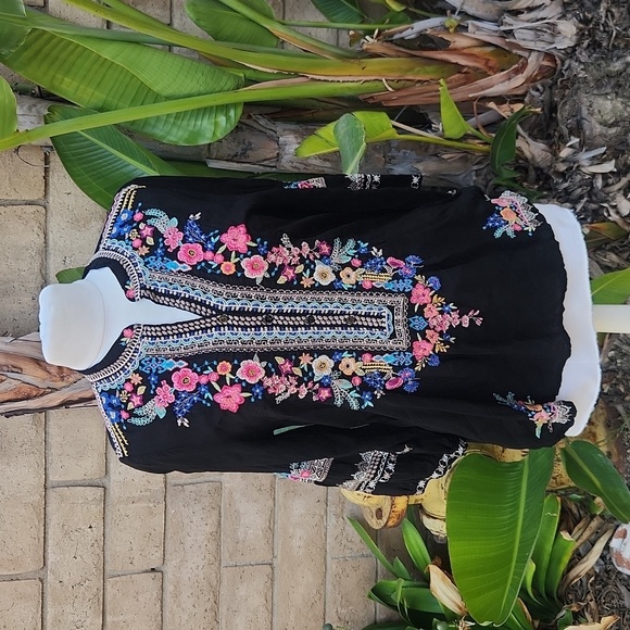 Johnny Was Tops - Johnny Was Black Blouse with Pink Embroidery Medium